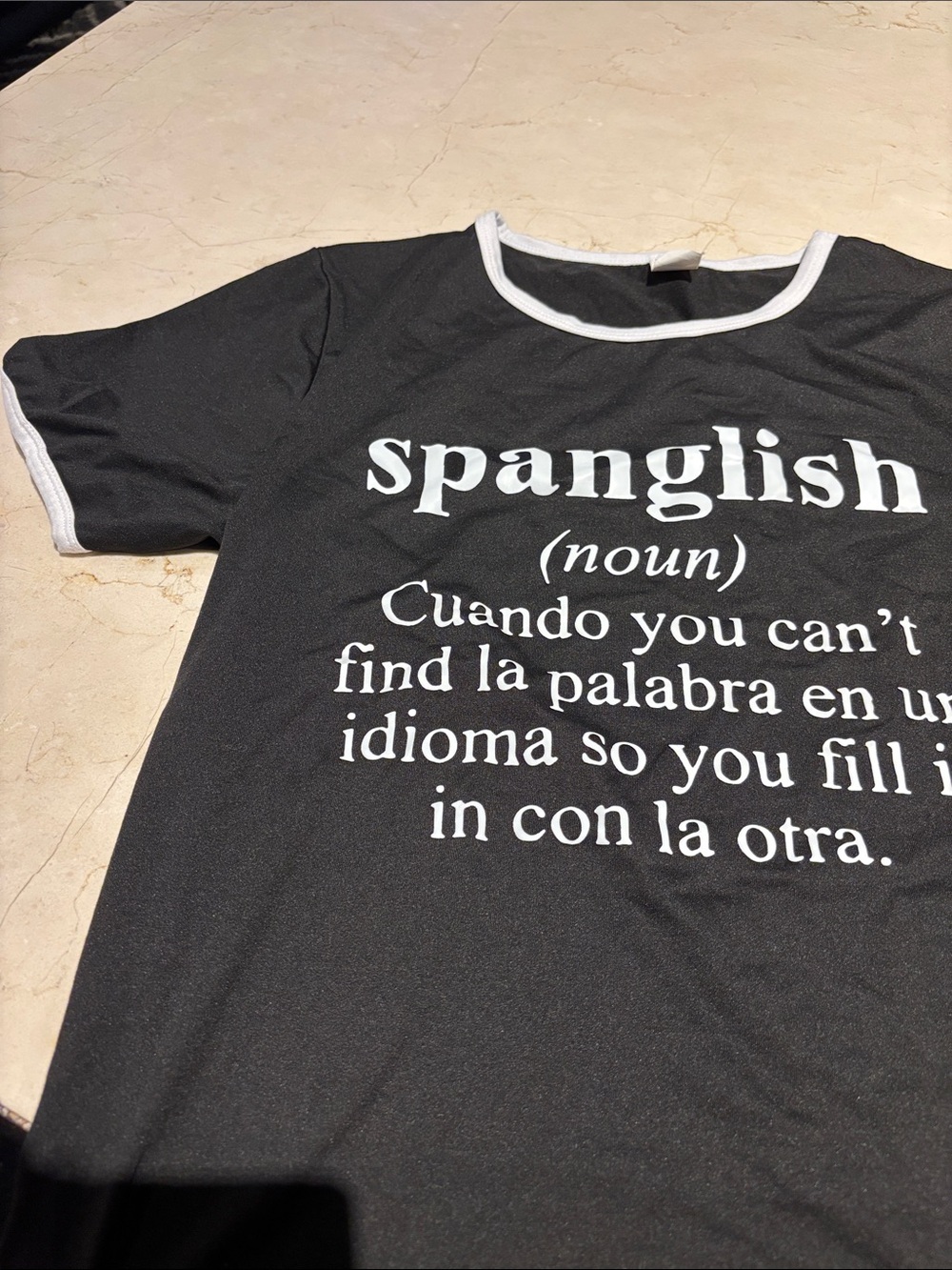 Spanglish Graphic Ringer T-Shirt - Black with White Trim - Picture 3 of 7